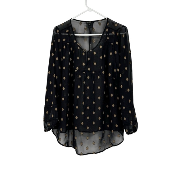 Women’s Lucky Brand Size 1X Black/Gold Sheer Polyester Tunic w Pretty Sleeves - Picture 1 of 8